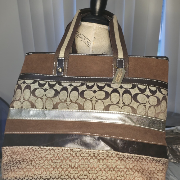 Coach Brown Signature Suede & Canvas Tote Bag - Picture 6 of 9